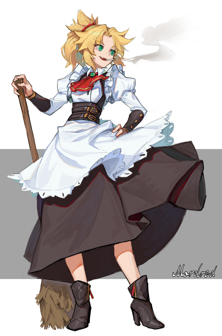1girl absurdres alternate_costume apron ascot bangs belt black_skirt blonde_hair boots braid breasts brooch broom character_name cigarette collared_dress cravat english_text enmaided eyebrows_visible_through_hair fate/apocrypha fate_(series) french_braid frills full_body green_eyes hair_ornament hair_scrunchie hand_on_hip highres holding holding_broom hwoking jewelry juliet_sleeves long_hair long_sleeves looking_to_the_side maid medium_hair mordred_(fate) mordred_(fate)_(all) open_mouth ponytail puffy_sleeves red_scrunchie scrunchie skirt small_breasts smile smoke smoking solo standing white_background