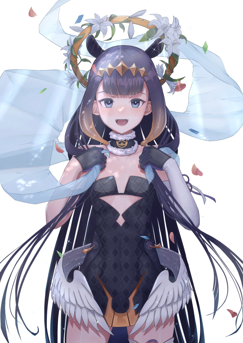 1girl absurdres bangs black_dress black_gloves black_hair blue_eyes detached_sleeves dress eyebrows_behind_hair flat_chest floating_hair gloves halo highres holding holding_hair hololive hololive_english long_hair low_wings ninomae_ina'nis open_mouth single_detached_sleeve smile solo strapless strapless_dress tube_dress tyasuzu very_long_hair virtual_youtuber white_background white_flowers wings