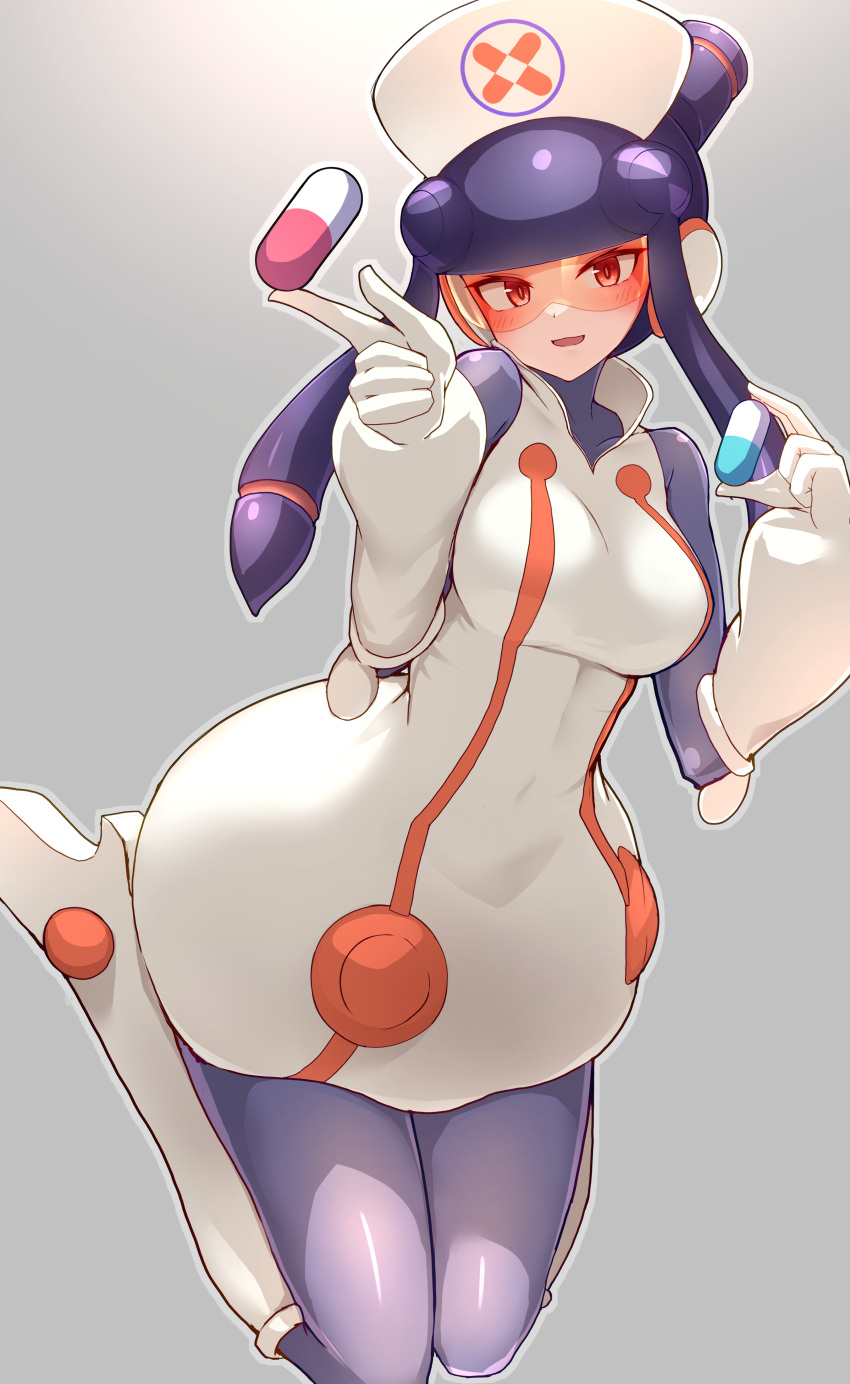 1girl :d absurdres android bangs bodysuit breasts commentary_request dress gloves grey_background hand_up hat high_collar highres holding index_finger_raised knees_together_feet_apart looking_at_viewer meddy.exe_(mega_man) medium_breasts mega_man_(series) mega_man_battle_network nurse nurse_cap open_mouth orange-tinted_eyewear orange_eyes pill purple_bodysuit shiny shiny_clothes short_dress sleeveless sleeveless_dress smile solo tylwing visor white_dress white_gloves white_headwear