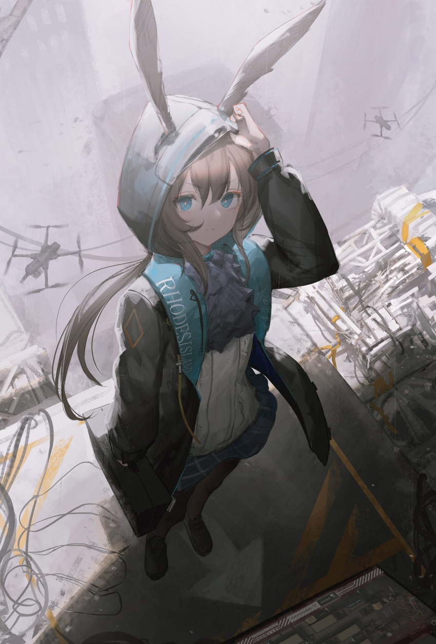 1girl absurdres amiya_(arknights) anhao1224 animal_ears arknights arm_up ascot bangs black_coat black_footwear black_legwear blue_eyes blue_skirt briefcase bright_pupils brown_hair closed_mouth clothes_writing coat day drone eyebrows_visible_through_hair from_above full_body highres holding hood hood_up hooded_coat long_hair long_sleeves looking_at_viewer looking_up low_ponytail miniskirt outdoors pantyhose purple_neckwear rabbit_ears shirt skirt solo standing sunlight v-shaped_eyebrows very_long_hair white_shirt