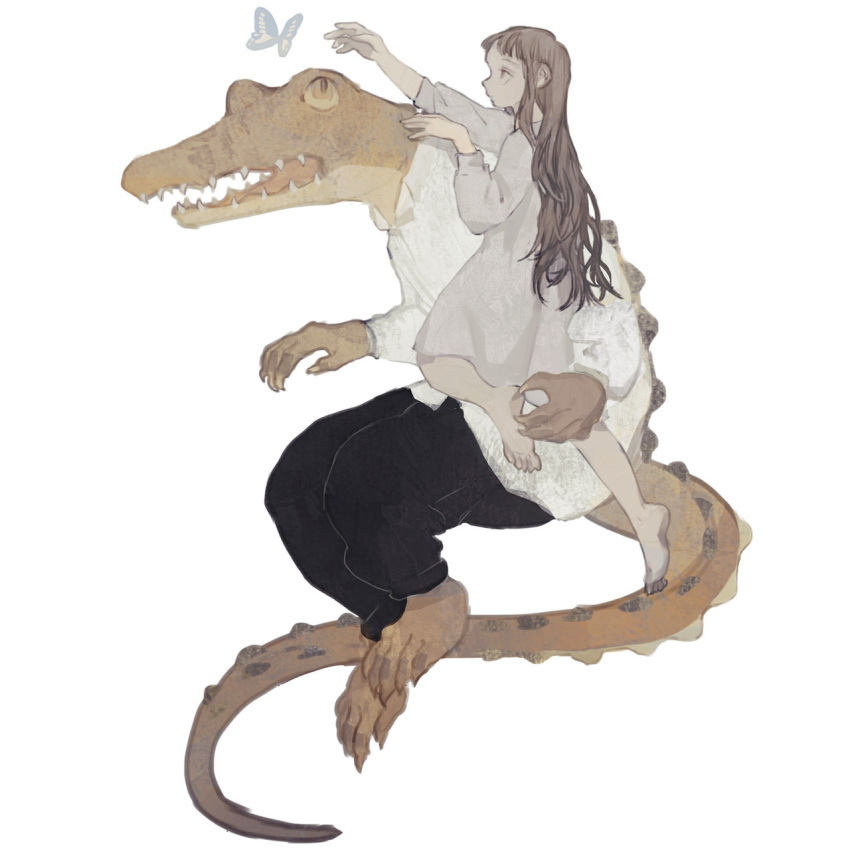 1girl animal bangs barefoot black_pants brown_hair bug butterfly child claws climbing clothed_animal crocodile crocodilian dress from_side highres holding_another insect long_hair long_sleeves original pants reaching_out sharp_teeth shirt sitting tail teeth tono_(rt0no) white_background white_dress white_shirt