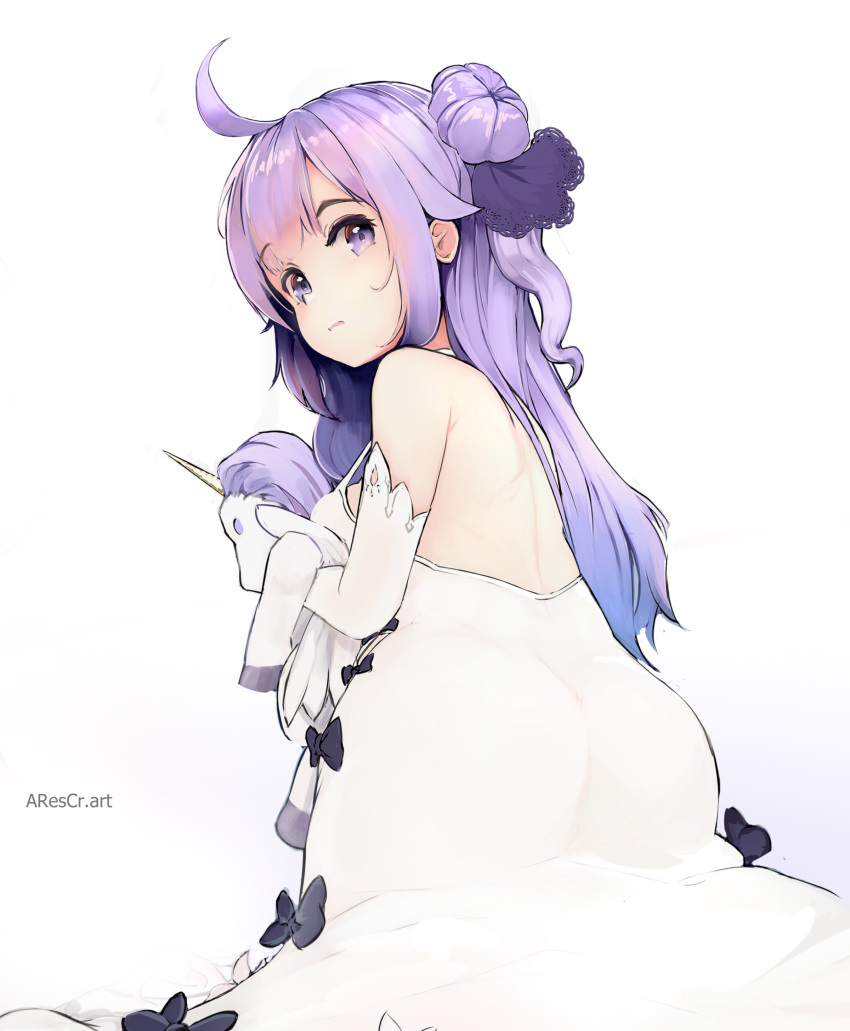 1girl absurdres ahoge arescr artist_name ass azur_lane bare_back bare_shoulders breast_press breasts detached_sleeves dress from_behind hair_bun highres kneeling long_hair looking_back no_panties object_hug purple_hair see-through side_ponytail simple_background solo stuffed_animal stuffed_toy stuffed_unicorn unicorn_(azur_lane) violet_eyes white_background white_dress white_sleeves
