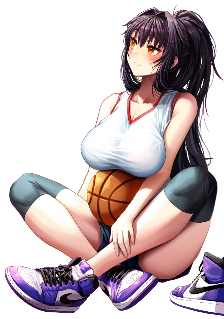 1girl absurdres bangs bare_shoulders basketball basketball_uniform blush breasts commentary_request gibagiba high_ponytail highres large_breasts long_hair mole mole_under_eye nike original purple_hair shoes sitting sneakers sportswear