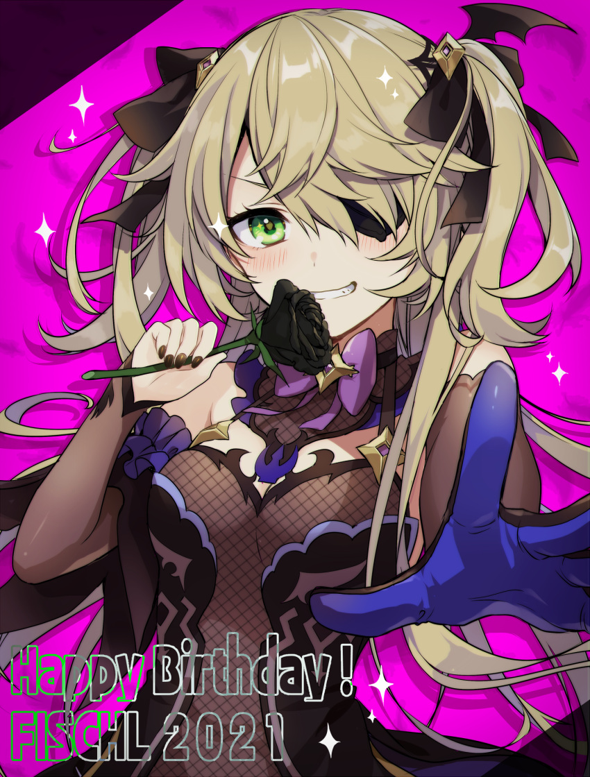 1girl bangs black_flower black_nails black_ribbon black_rose blush bow breasts character_name commentary_request detached_sleeves dress eyepatch fischl_(genshin_impact) fishnets flower genshin_impact gloves green_eyes grin hair_ribbon happy_birthday highres holding holding_flower long_hair looking_at_viewer medium_breasts memeno nail_polish outstretched_arm purple_bow ribbon rose single_detached_sleeve single_glove smile solo two_side_up upper_body