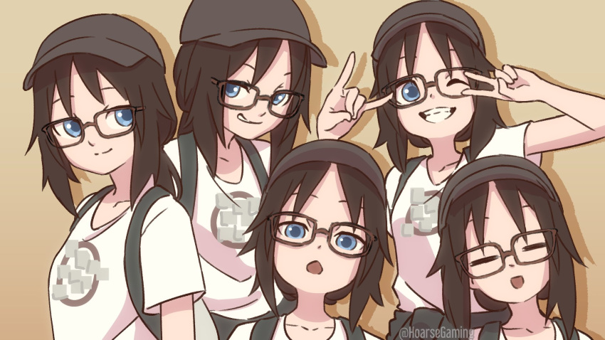 5girls asaka_yanoha backpack bag baseball_cap beige_background black_headwear blue_eyes borrowed_character brown_hair chestnut_mouth clone closed_eyes closed_mouth english_commentary glasses hat highres horsefeathers licking_lips long_hair looking_at_viewer multiple_girls one_eye_closed original shadow shirt short_sleeves simple_background smile teeth tongue tongue_out twitter_username upper_body vrchat white_shirt