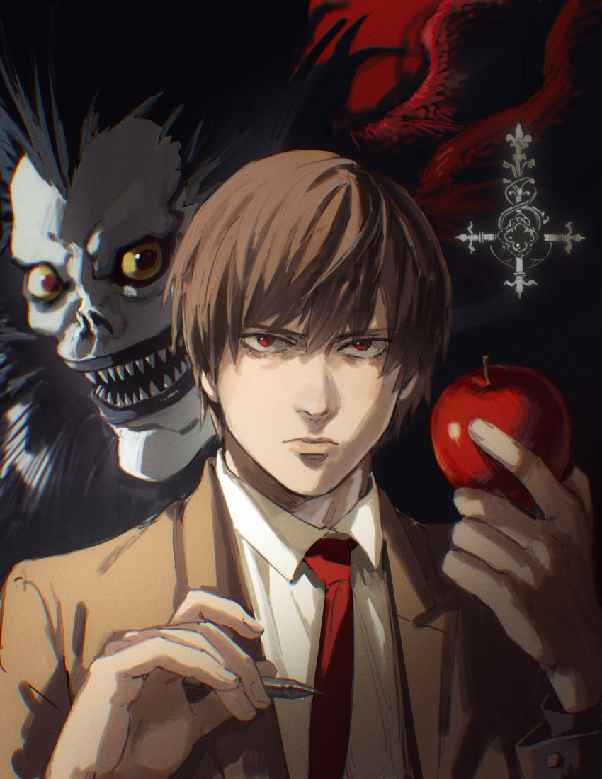 2boys :d absurdres apple bangs black_hair black_lips brown_hair brown_jacket brown_suit closed_mouth collared_shirt colored_skin commentary cross death_note food formal fruit grey_skin hands_up highres holding holding_food holding_fruit holding_pencil inverted_cross jacket lips looking_at_viewer male_focus mechanical_pencil multiple_boys necktie open_mouth pencil red_eyes red_neckwear ryuk serious sharp_teeth shinigami shirt short_hair smile suit teeth thisuserisalive upper_body white_shirt yagami_light