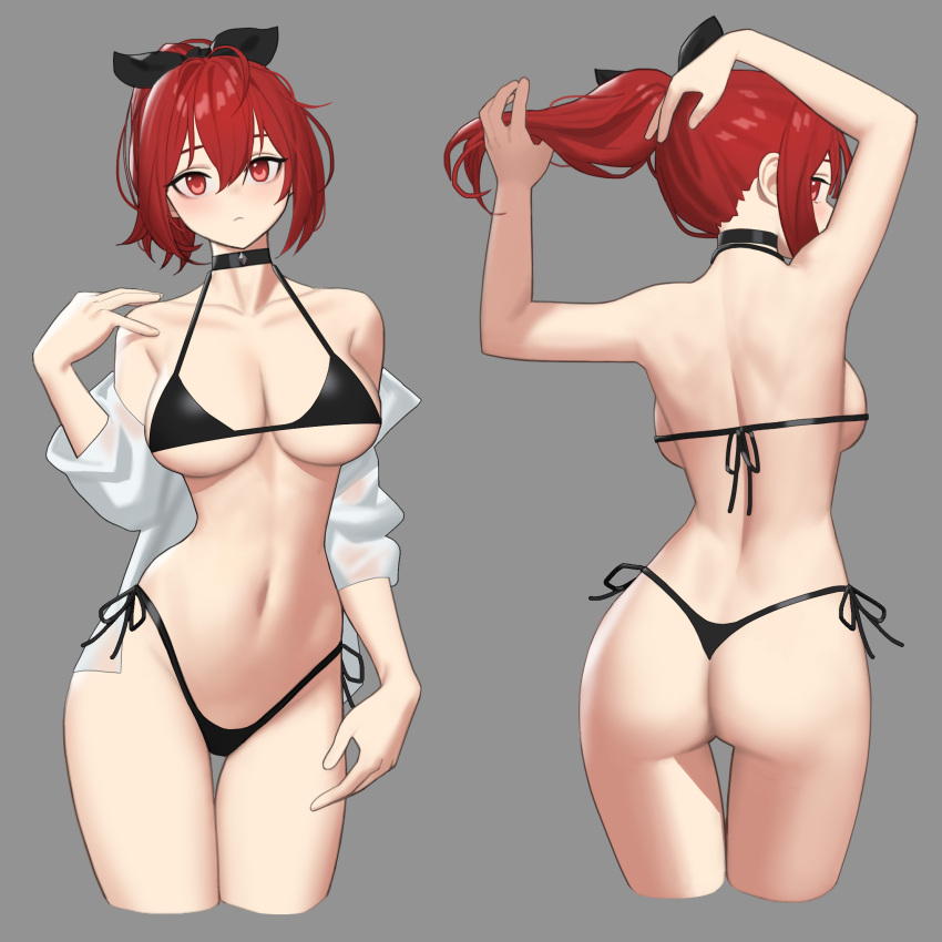 1girl adjusting_hair alternate_costume arms_up ass back bare_shoulders bikini black_bikini black_choker blush breasts choker collarbone cowboy_shot cropped_legs from_behind girls_frontline grey_background groin hair_ribbon halterneck highleg highleg_bikini highres kurt_bestor large_breasts looking_at_viewer mp7_(girls_frontline) multiple_views navel off_shoulder ponytail red_eyes redhead ribbon side-tie_bikini simple_background skindentation string_bikini swimsuit thong_bikini