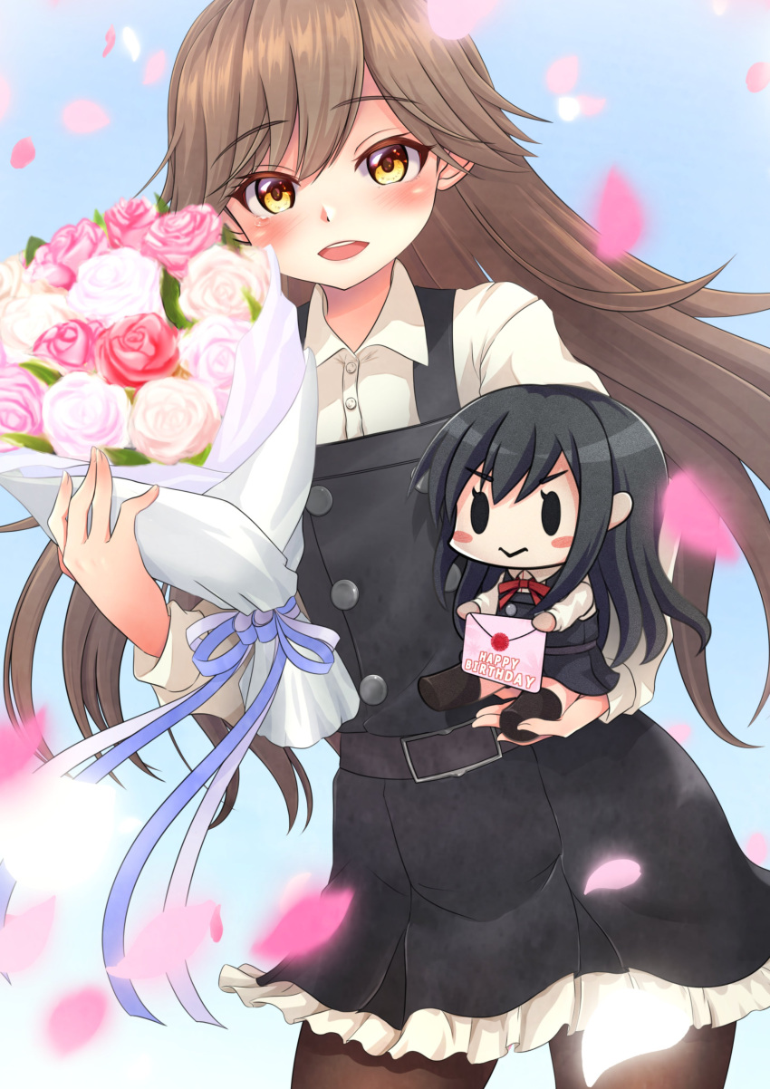 1girl absurdres arashio_(kancolle) asashio_(kancolle) blurry bouquet brown_eyes brown_hair character_doll cowboy_shot depth_of_field dress envelope flower frilled_dress frills happy_birthday highres kantai_collection long_hair long_sleeves looking_at_viewer makura_(user_jpmm5733) pantyhose petals pinafore_dress remodel_(kantai_collection) rose shirt solo white_shirt