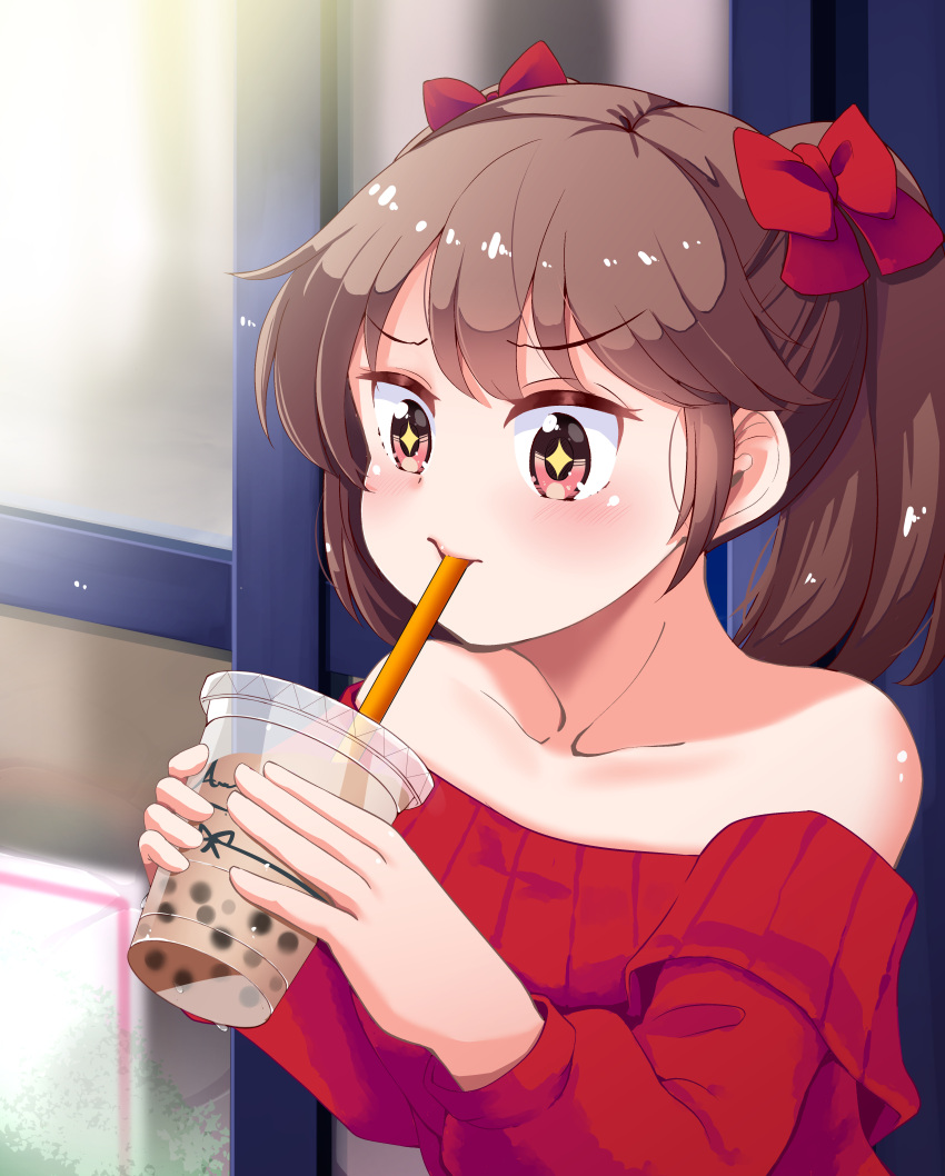 +_+ 1girl absurdres bare_shoulders bow brown_hair bubble_tea collarbone cup disposable_cup drinking drinking_straw hair_bow highres kantai_collection off-shoulder_sweater off_shoulder red_eyes ryuujou_(kancolle) solo suzune_kou sweater twintails upper_body