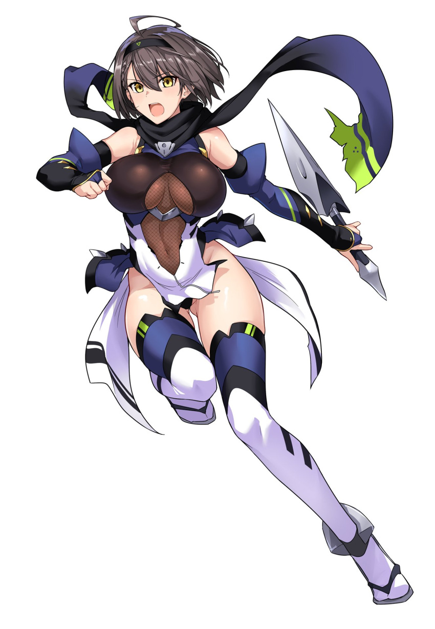 1girl alternate_costume azur_lane baltimore_(azur_lane) braid brown_hair clothing_cutout commission detached_sleeves eyebrows_visible_through_hair fishnets full_body hairband halcon highres holding holding_sword holding_weapon leotard open_mouth reverse_grip scarf short_hair simple_background skeb_commission solo stomach_cutout sword taimanin_suit thigh-highs weapon white_background yellow_eyes
