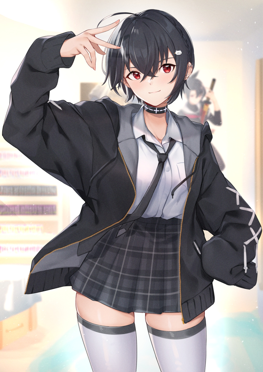 1girl ahoge arm_up bangs black_hair black_jacket black_neckwear black_skirt blurry blurry_background cat_hair_ornament collared_shirt commentary_request depth_of_field dress_shirt eyebrows_visible_through_hair grey_legwear hair_between_eyes hair_ornament hairclip highres hood hood_down hooded_jacket indoors jacket long_sleeves necktie open_clothes open_jacket original pink_nails plaid plaid_skirt pleated_skirt puffy_long_sleeves puffy_sleeves red_eyes shirt skirt sleeves_past_fingers sleeves_past_wrists solo tapioka_(oekakitapioka) thigh-highs v white_shirt