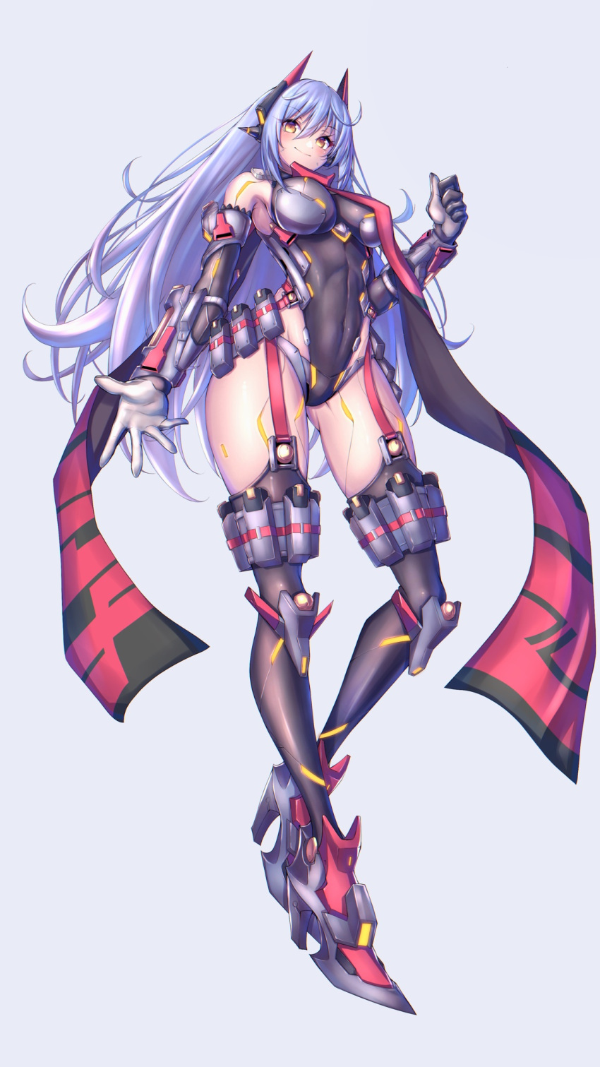 1girl android breasts hakusai_(hksicabb) highres joints large_breasts leotard long_hair poppi_(xenoblade) poppi_qtpi_(xenoblade) purple_hair red_eyes robot_ears robot_joints scarf simple_background solo xenoblade_chronicles_(series) xenoblade_chronicles_2