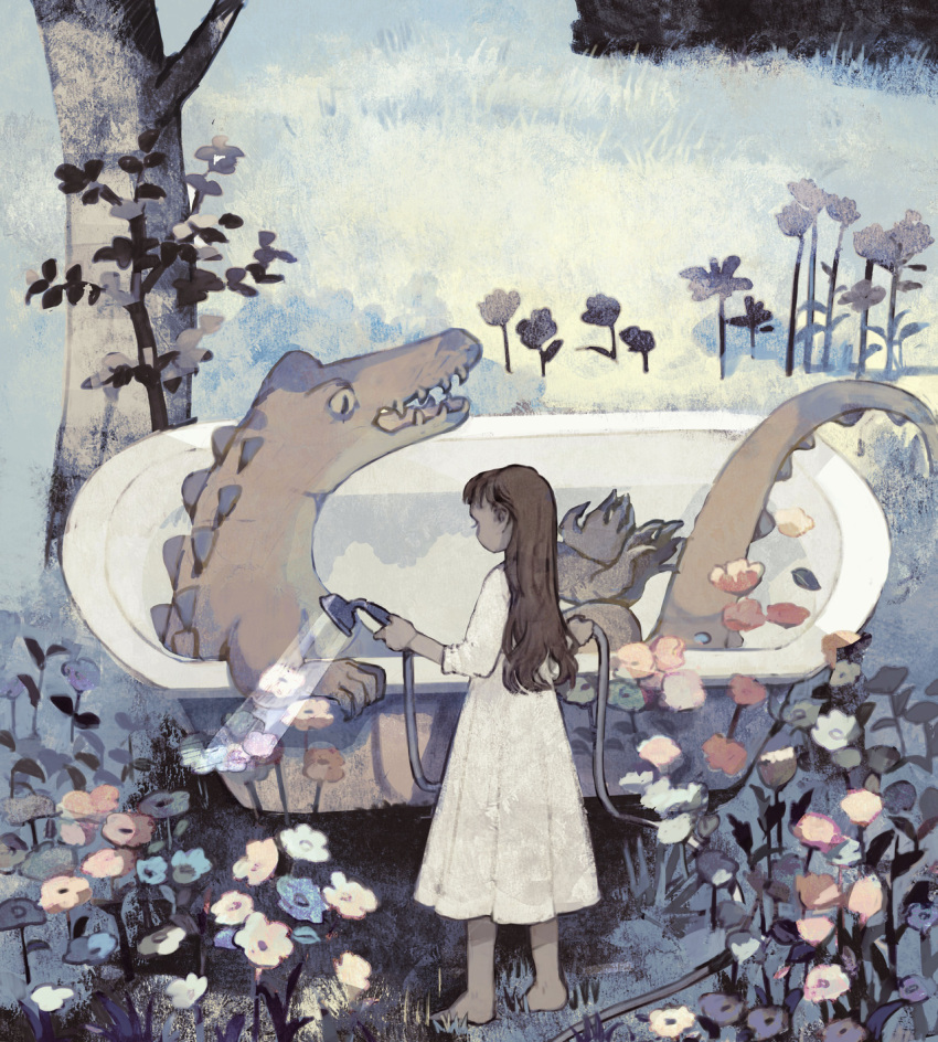 1girl animal bangs barefoot bath bathtub brown_hair bush child claws crocodile crocodilian dress flower grass highres holding leaf long_dress long_hair original outdoors sharp_teeth shower_head slit_pupils tail teeth tono_(rt0no) tree white_dress yellow_eyes