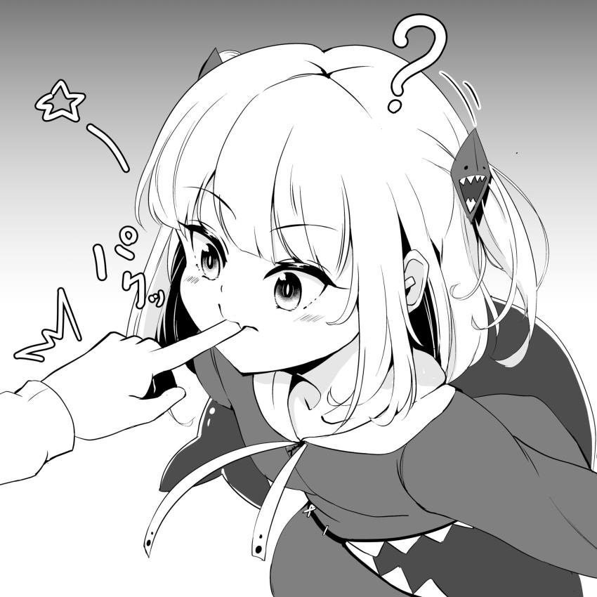 1girl 1other biting finger_biting gawr_gura greyscale hair_ornament highres hololive hololive_english monochrome solo_focus suzune_kou two_side_up virtual_youtuber