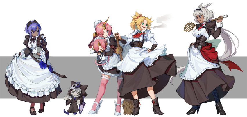 4girls absurdres alternate_costume animal_ears apron ascot badge bangs belt black_dress black_skirt blonde_hair blue_eyes blush boots braid breasts brooch broom character_name cigarette collared_dress cravat dark-skinned_female dark_skin dress english_text enmaided eyebrows_visible_through_hair flower french_braid frilled_apron frilled_dress frills frown full_body gloves green_eyes hair_flower hair_intakes hair_ornament hair_over_eyes hair_over_one_eye hair_scrunchie hand_on_hip headgear heterochromia high_heels highres holding holding_broom horns hwoking jewelry juliet_sleeves large_breasts long_hair long_sleeves looking_at_viewer looking_to_the_side maid maid_apron maid_headdress mechanical_horn medium_hair multiple_girls open_mouth parted_bangs pink_hair pink_legwear plate ponytail puffy_sleeves purple_hair red_scrunchie ribbon scrunchie short_hair single_horn skirt small_breasts smile smoke smoking standing thigh-highs v-shaped_eyebrows violet_eyes white_apron white_background white_gloves white_hair yellow_eyes