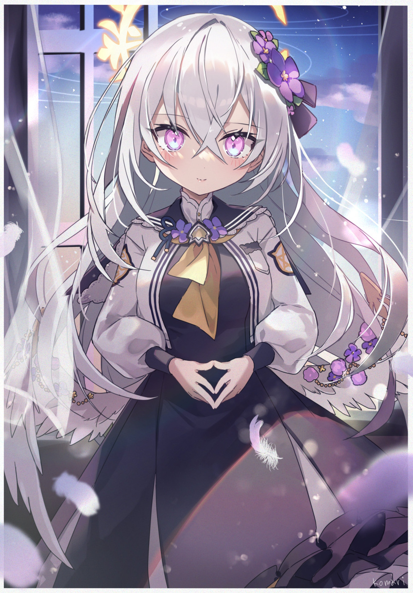 1girl absurdres azusa_(blue_archive) blue_archive blush commentary_request curtains feathers flower hair_between_eyes hair_flower hair_ornament halo highres long_hair long_sleeves looking_at_viewer poncho_(31103105) school_uniform silver_hair solo violet_eyes window wings