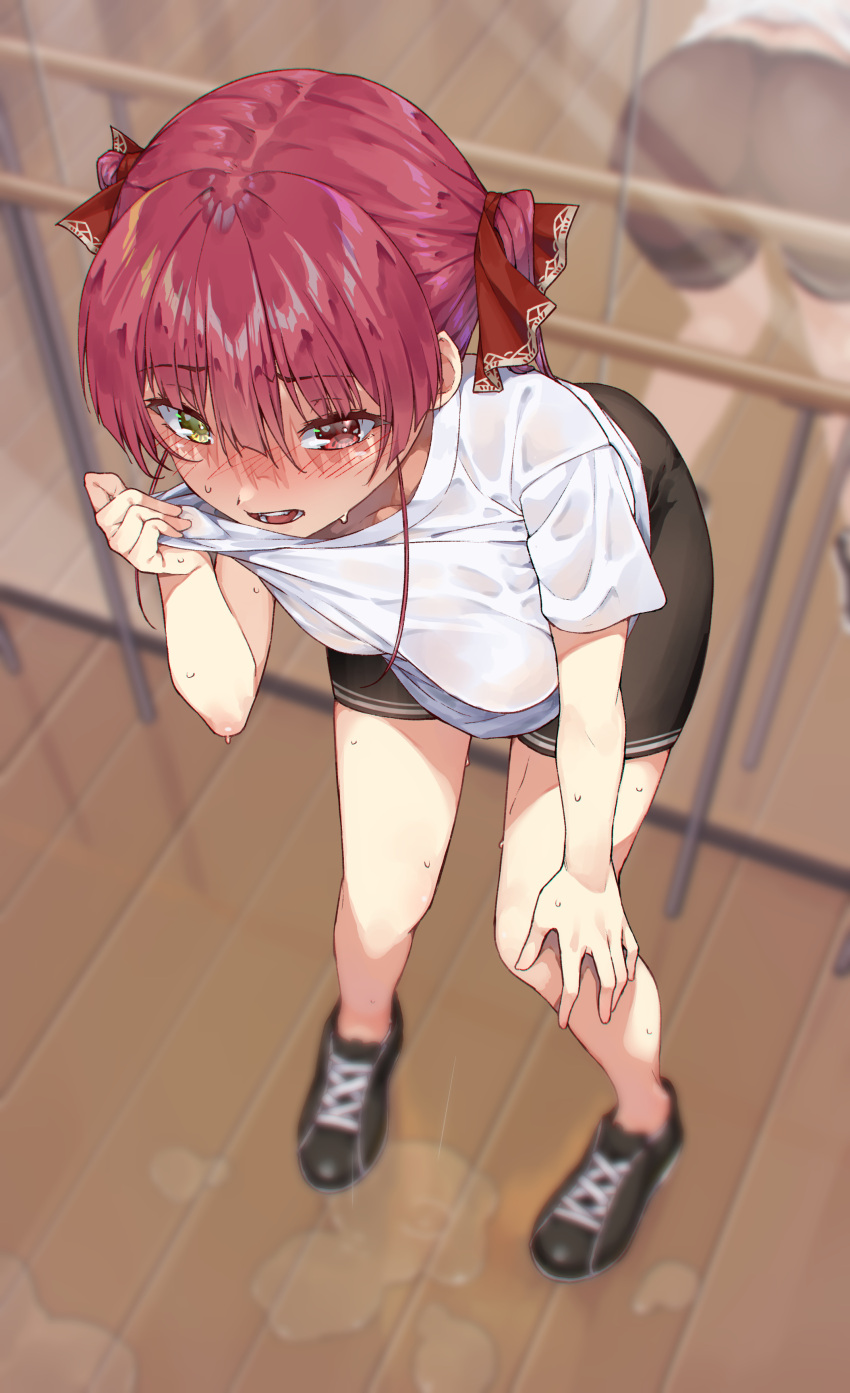 1girl absurdres ass bangs bare_legs black_footwear blush breasts eyebrows_visible_through_hair full_body hair_ribbon hand_on_own_knee heterochromia highres hololive houshou_marine indoors koubou_(cowbow_kun) leaning_forward long_hair medium_breasts no_socks nose_blush open_mouth puddle purple_hair red_eyes red_ribbon reflection ribbon see-through shirt shoes short_sleeves sneakers solo standing sweat virtual_youtuber wet wet_clothes wet_shirt wiping_sweat wooden_floor yellow_eyes