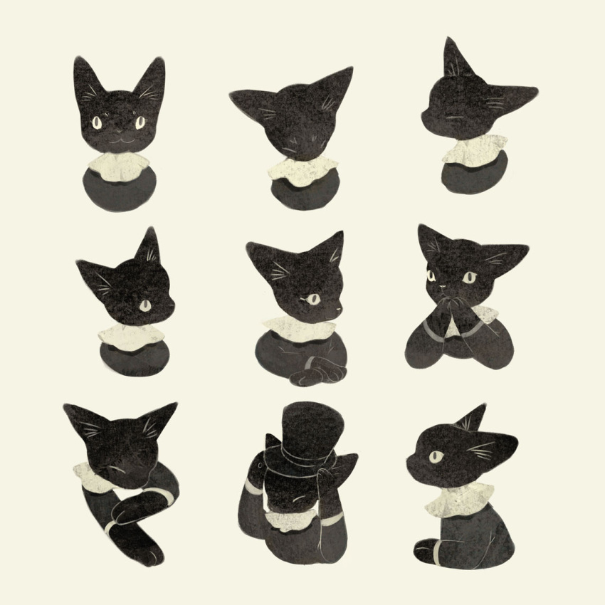 :3 animal animal_focus black_cat black_headwear black_shirt cat closed_eyes clothed_animal collared_shirt expressions hands_on_own_face hands_together hat kitten no_humans original shirt simple_background slit_pupils smile tono_(rt0no) top_hat yellow_eyes