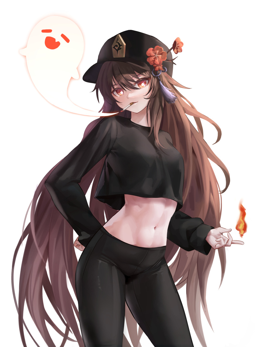 1girl absurdres black_headwear black_legwear black_shirt brown_hair casual cigarette fire flat_cap flower genshin_impact ghost hand_on_hip hat highres hu_tao_(genshin_impact) long_hair long_sleeves midriff navel plum_blossoms rable red_eyes shirt simple_background smoking stomach twintails very_long_hair white_background