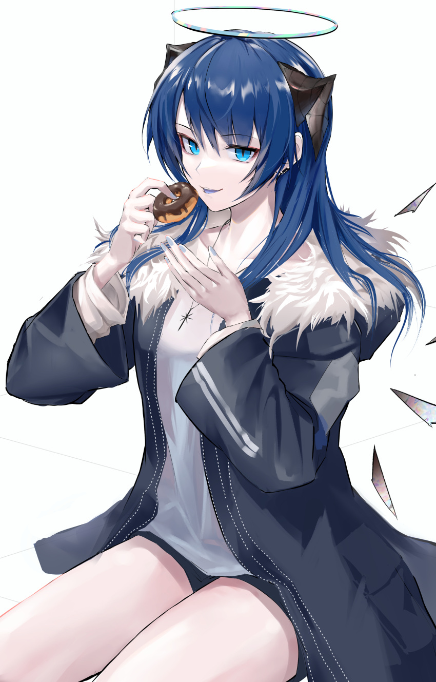 1girl absurdres arknights black_jacket blue_eyes blue_hair blue_nails breasts building candy commentary_request cowboy_shot demon_horns detached_wings doughnut drmaho1 energy_wings food fur-trimmed_hood fur_trim hair_between_eyes halo highres holding holding_food hood horns jacket long_hair looking_at_viewer mostima_(arknights) off_shoulder open_mouth shirt sitting smile solo staff white_background white_shirt wings