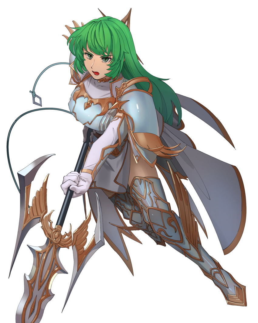 1girl a_(user_vtsy8742) armor bangs breastplate cape erinys_(fire_emblem) fire_emblem fire_emblem:_genealogy_of_the_holy_war green_eyes green_hair highres holding holding_weapon long_hair open_mouth polearm shoulder_armor simple_background solo spear weapon white_background