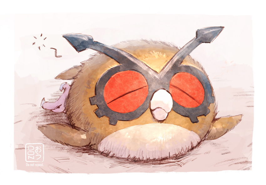 bird border closed_eyes closed_mouth commentary_request creature full_body gen_2_pokemon highres hoothoot lying no_humans ohdon on_stomach owl pokemon pokemon_(creature) repost_notice sleeping solo talons white_border