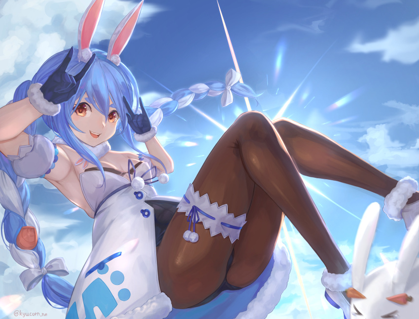 &gt;_&lt; 1girl \m/ absurdres animal_ear_fluff animal_ears arm_cuffs artist_name bangs bare_shoulders black_legwear black_leotard blue_hair blue_ribbon bow braid breasts bunny-shaped_pupils carrot carrot_hair_ornament clothing_cutout clouds coat commentary detached_sleeves don-chan_(usada_pekora) falling food-themed_hair_ornament fur-trimmed_coat fur-trimmed_gloves fur_scarf fur_trim gloves hair_between_eyes hair_bow hair_ornament hands_up highres hikimayu hololive hololive_fantasy knees_up leotard leotard_under_clothes light_rays long_hair looking_at_viewer multicolored_hair ne.corn nousagi_(usada_pekora) open_mouth orange_eyes pantyhose pom_pom_(clothes) puffy_short_sleeves puffy_sleeves rabbit_ears rabbit_girl ribbon short_eyebrows short_sleeves sky small_breasts smile strapless strapless_coat strapless_leotard sunbeam sunlight thick_eyebrows thigh_strap twin_braids twitter_username two-tone_hair underboob_cutout usada_pekora virtual_youtuber white_bow white_coat white_hair