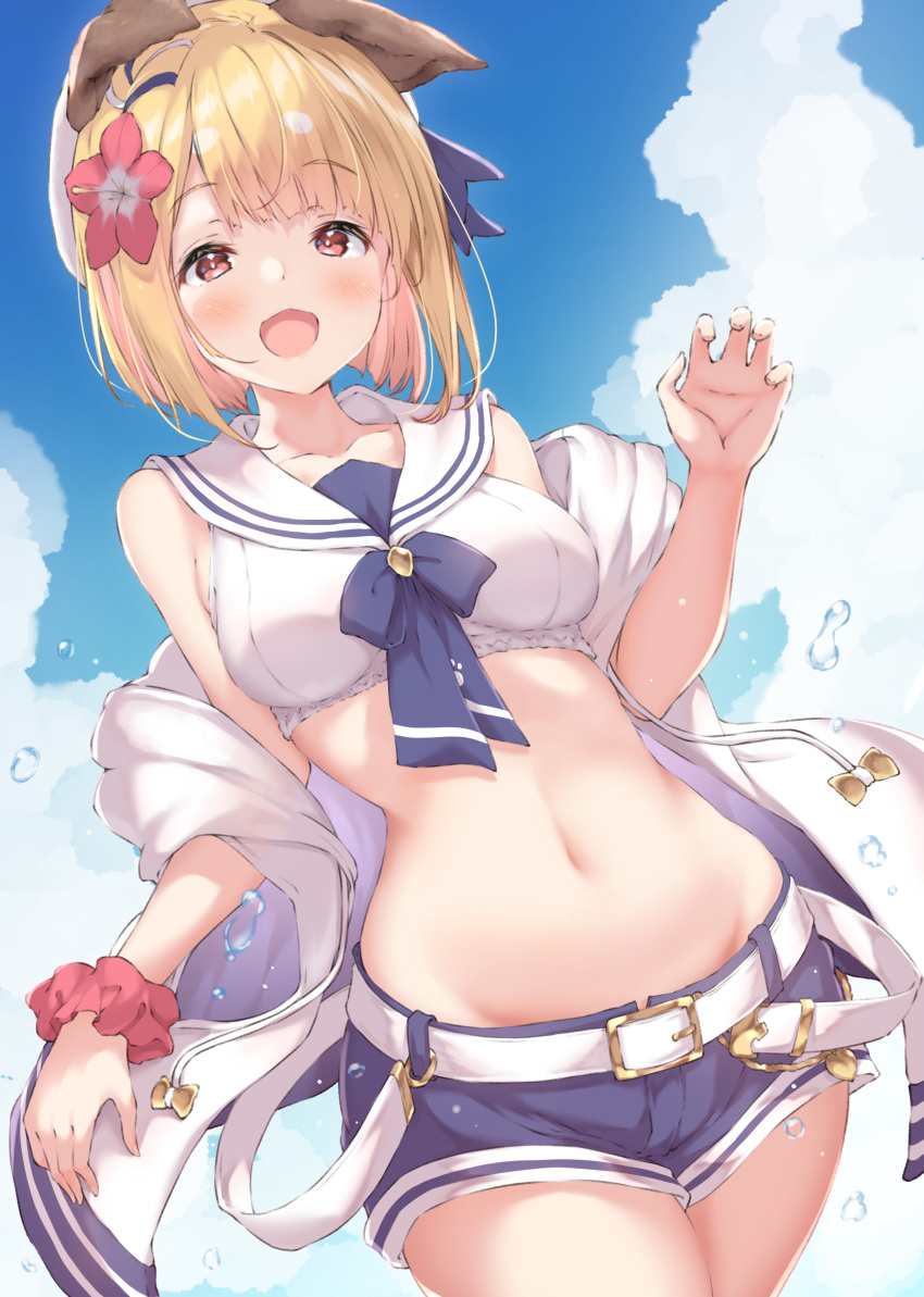 1girl :d absurdres animal_ears bangs belt blonde_hair blue_neckwear blue_shorts blue_sky blunt_bangs blush breasts clouds collarbone commentary_request cowboy_shot day dog_ears erune eyebrows_visible_through_hair flower granblue_fantasy hair_flower hair_ornament hat highres hood hood_down hooded_jacket jacket lens_flare looking_at_viewer midriff navel neck_ribbon open_clothes open_jacket open_mouth outdoors paw_print red_eyes ribbon sailor_bikini sailor_collar sailor_hat scrunchie short_hair shorts sidelocks sky sleeveless sleeveless_jacket smile solo standing swimsuit ukiwakisen vajra_(granblue_fantasy) white_belt white_headwear white_jacket white_sailor_collar wrist_scrunchie