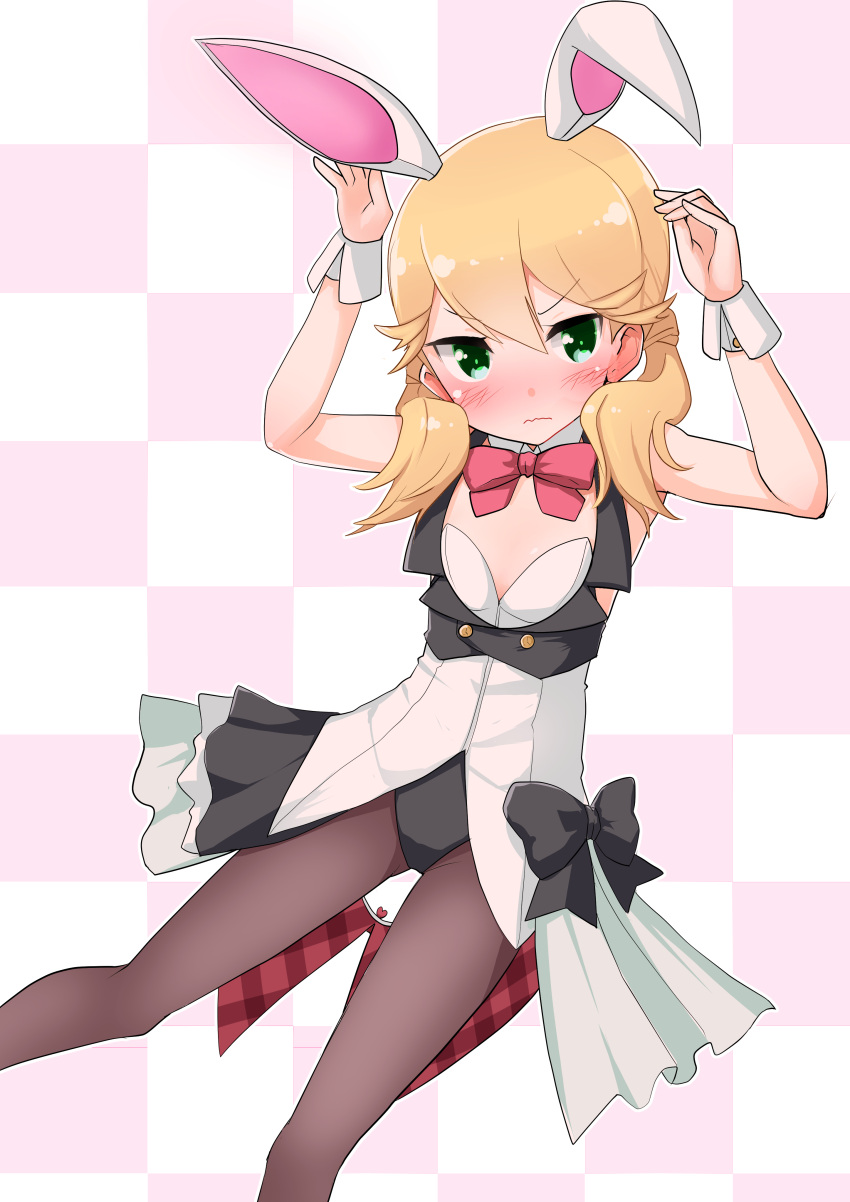 1girl absurdres alice_gear_aegis animal_ears bangs black_bow black_legwear black_leotard blonde_hair blush bow bowtie breasts bunny_pose checkered checkered_background coattails detached_collar eyebrows_visible_through_hair fake_animal_ears flipped_hair green_eyes hair_between_eyes heart highres kotomura_akane leotard looking_at_viewer pantyhose pink_bow quel rabbit_ears small_breasts thighs twintails wavy_mouth wrist_cuffs