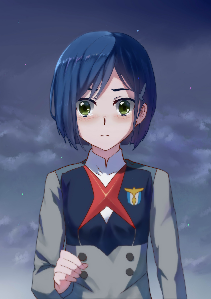 1girl bangs blue_hair blush buttons closed_mouth clouds collared_shirt commentary darling_in_the_franxx eyebrows_behind_hair green_eyes hair_ornament hairclip hand_up highres ichigo_(darling_in_the_franxx) long_sleeves looking_at_viewer military military_uniform necktie night onka_yuu red_neckwear school_uniform shirt short_hair solo tearing_up uniform upper_body white_shirt