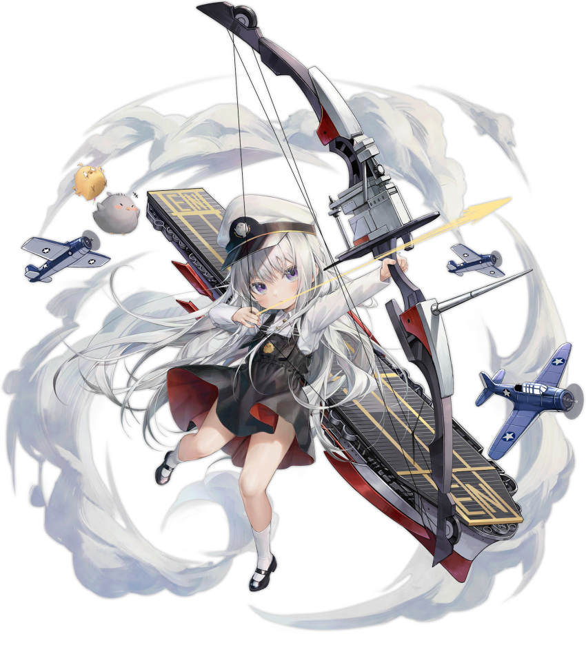 1girl aircraft airplane azur_lane bangs bird black_footwear bow_(weapon) chick child collared_shirt compound_bow douya_(233) f4f_wildcat flight_deck full_body grey_eyes hat highres kneehighs little_enterprise_(azur_lane) long_hair long_sleeves manjuu_(azur_lane) mary_janes official_art overall_skirt peaked_cap rigging sbd_dauntless shirt shoes silver_hair solo transparent_background very_long_hair weapon white_headwear white_legwear white_shirt younger
