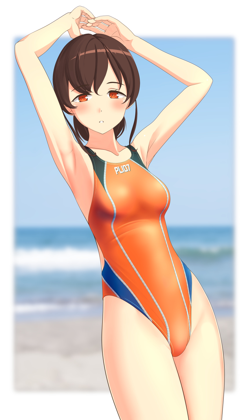 1girl absurdres arms_up blue_sky blurry breasts brown_hair clothes_writing clouds commentary_request competition_swimsuit cowboy_shot day depth_of_field highres horizon kantai_collection long_hair looking_at_viewer low_ponytail multicolored multicolored_clothes multicolored_swimsuit ocean one-piece_swimsuit orange_eyes orange_swimsuit outdoors parted_lips sky small_breasts solo souya_(kancolle) swimsuit takafumi waves
