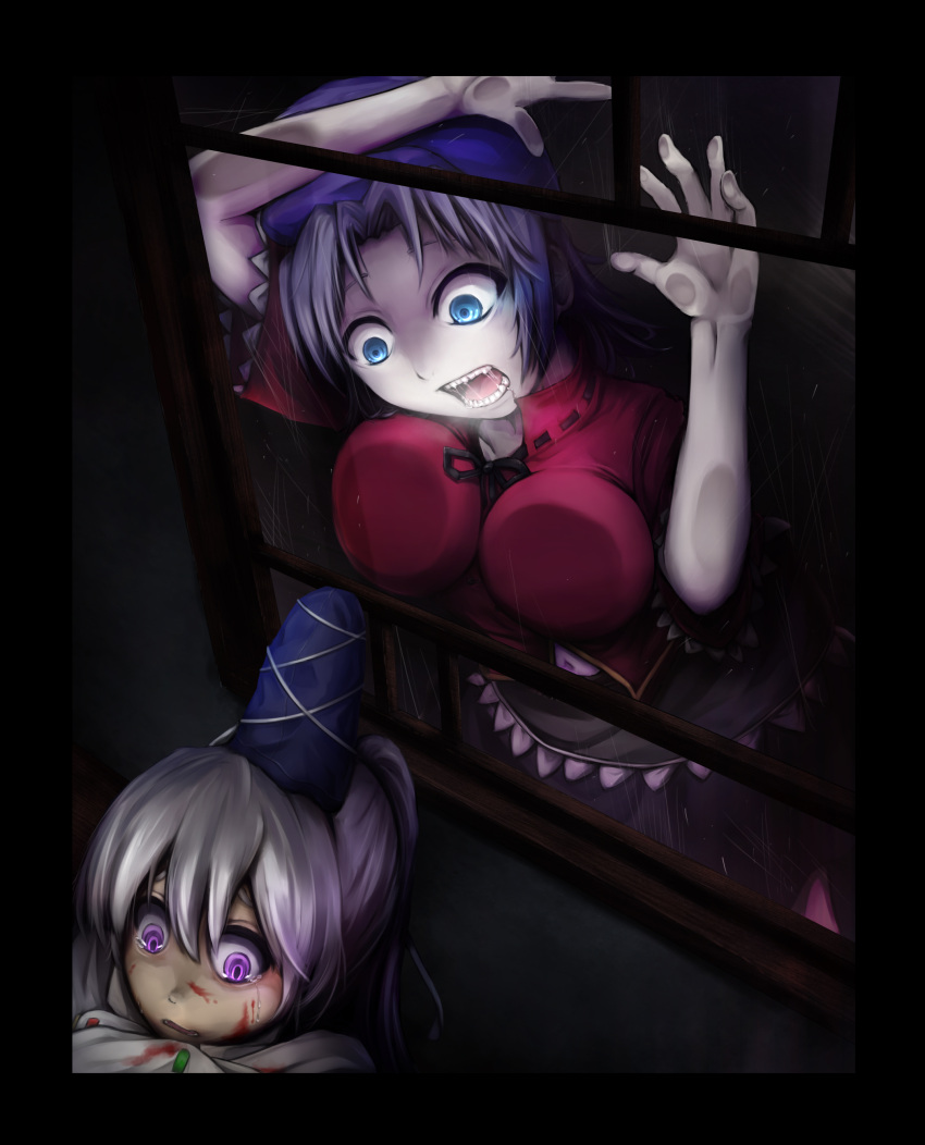 2girls absurdres against_glass against_window bangs bibitto_(kemushima3) black_border black_neckwear black_ribbon black_skirt blood blue_eyes blue_headwear border breasts cabbie_hat chinese_clothes commentary_request crying crying_with_eyes_open fangs grey_hair hair_between_eyes hat highres indoors japanese_clothes kariginu lace-trimmed_sleeves lace_trim large_breasts long_hair looking_at_another miyako_yoshika mononobe_no_futo multiple_girls open_mouth ponytail purple_hair purple_headwear rain red_shirt ribbon scared shirt short_hair short_sleeves skirt sleeves_past_fingers sleeves_past_wrists tangzhuang tate_eboshi tears touhou upper_body violet_eyes