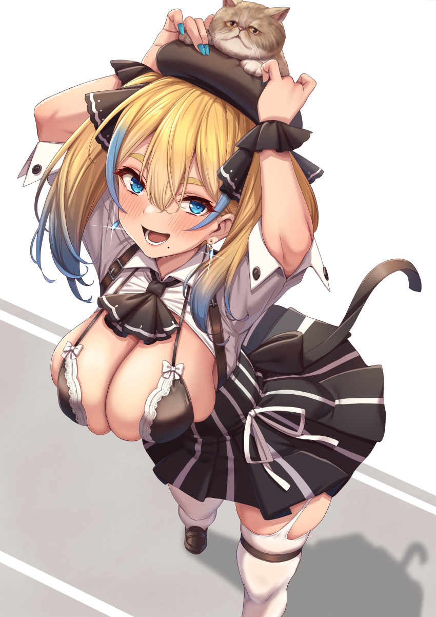 1girl absurdres bikini blonde_hair blue_eyes blue_hair blush bow breasts cat commentary_request earrings hair_between_eyes hat highlights highres jewelry kent0320 large_breasts looking_at_viewer mole mole_under_mouth multicolored_hair open_mouth original skirt solo standing swimsuit teeth thigh-highs thigh_strap tongue twintails two-tone_hair