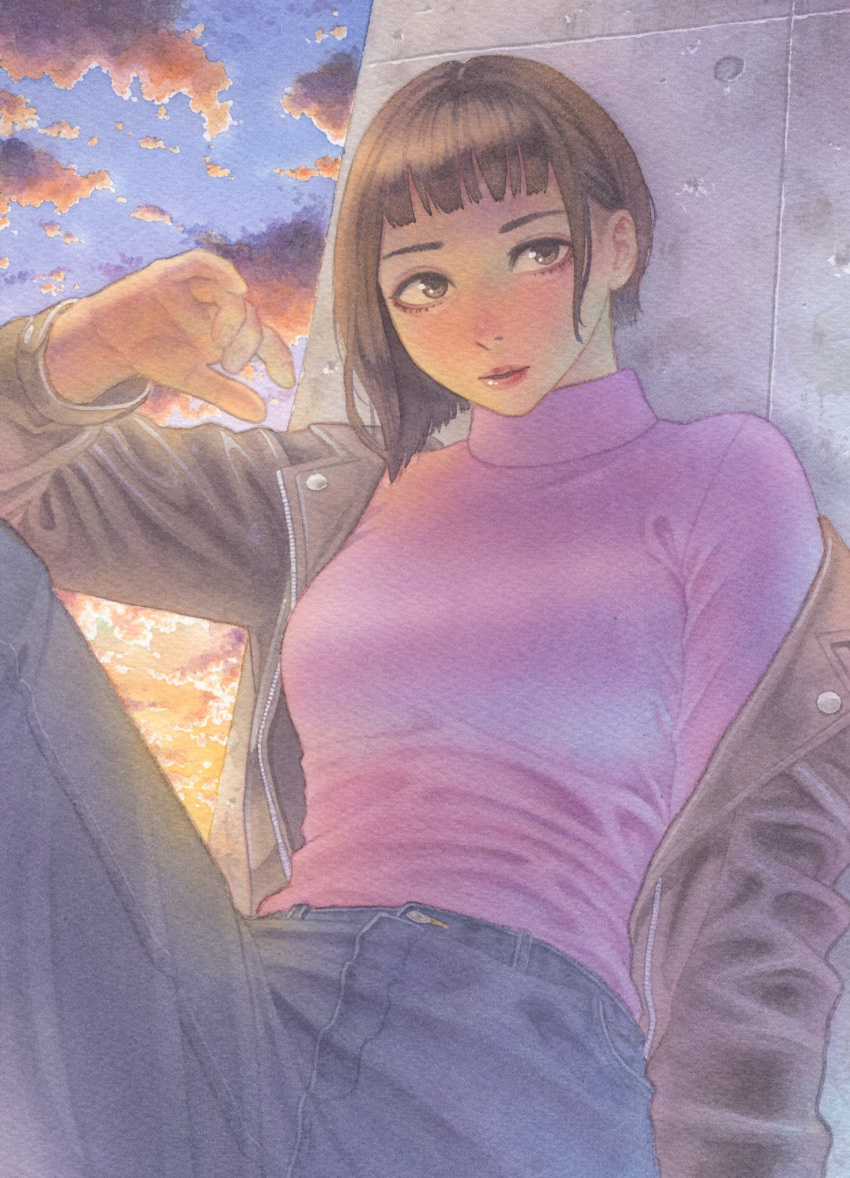 1girl asymmetrical_hair blush breasts brown_eyes brown_hair clouds cloudy_sky denim expressionless highres jacket jacket_partially_removed jeans long_sleeves makki_(tobaccos) original outdoors pants short_hair sky solo sweater traditional_media turtleneck turtleneck_sweater wrinkles