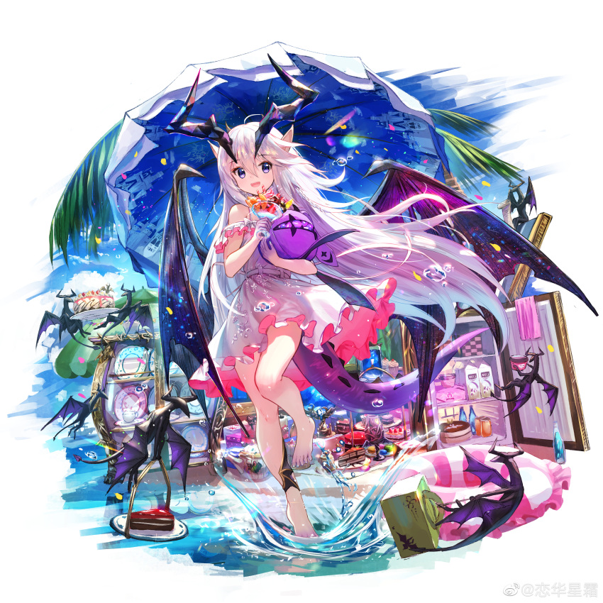 1girl :d absurdres bangs bare_legs barefoot beach_umbrella cake cake_slice chinese_commentary clover_theater commentary_request creature dragon_girl dragon_horns dragon_tail dragon_wings dress eyebrows_visible_through_hair fafnir_(clover_theater) food frilled_dress frills full_body hair_between_eyes highres horns innertube long_hair looking_at_viewer open_mouth palm_tree plate pointy_ears prinz_eugen1938 refrigerator smile solo standing standing_on_one_leg tail tree umbrella very_long_hair violet_eyes water weibo_username white_dress white_hair wings
