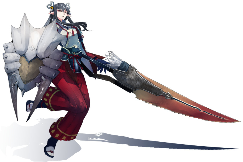 1girl bangs black_hair breasts fewer_digits hair_ornament highres ikurauni japanese_clothes large_breasts long_hair minoto monster_hunter_(series) monster_hunter_rise pointy_ears shield solo sword weapon yellow_eyes