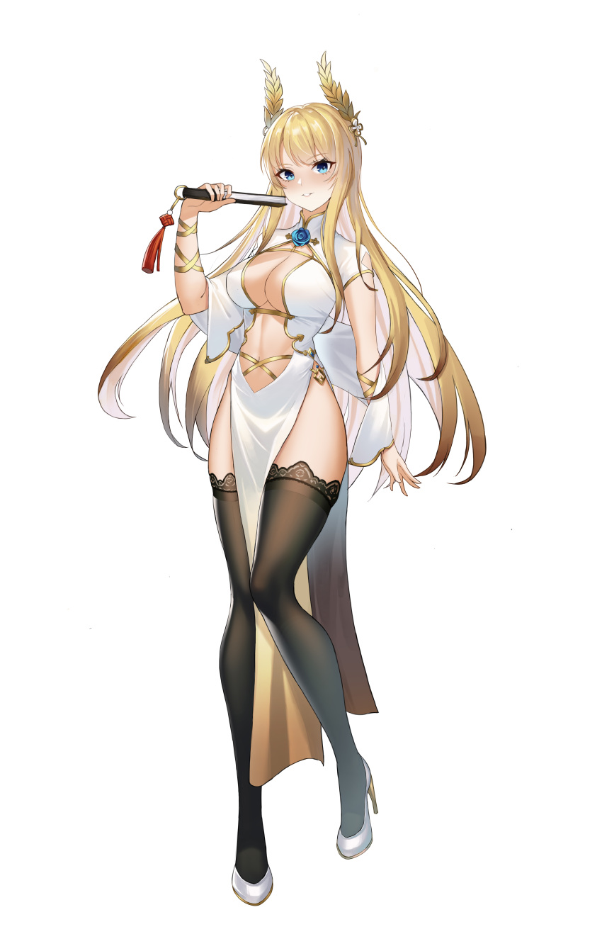 1girl absurdres azur_lane bangs black_legwear blonde_hair blue_eyes breasts dress eyebrows_visible_through_hair fan folding_fan full_body hand_up high_heels highres holding holding_fan large_breasts long_hair looking_at_viewer parted_lips pelvic_curtain short_sleeves simple_background solo standing stomach thigh-highs thighs very_long_hair victorious_(azur_lane) victorious_(guidance_of_the_spring_goddess)_(azur_lane) white_background white_dress white_footwear zest_(watts99)