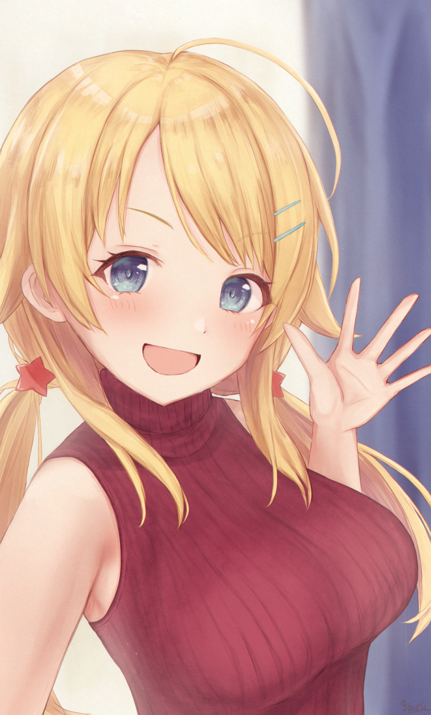 1girl :d ahoge bare_shoulders blonde_hair blue_eyes blush breasts commentary_request gameso hachimiya_meguru hair_ornament hairclip highres idolmaster idolmaster_shiny_colors large_breasts long_hair low_twintails open_mouth red_sweater ribbed_sweater sleeveless_sweater smile solo sweater turtleneck turtleneck_sweater twintails waving