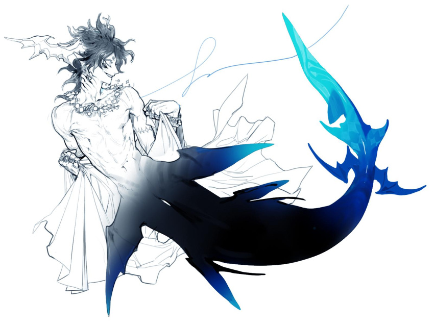1boy blue_skin blue_theme bracelet colored_skin fish_boy full_body gills grin hands_up highres horns jewelry male_focus merman monochrome monster_boy navel necklace original pigeon666 pointy_ears shark_boy sharp_teeth signature smile solo teeth white_background