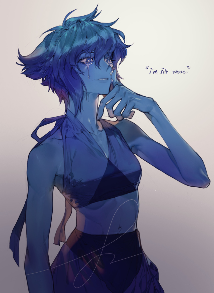 1girl bare_arms bare_shoulders bikini bikini_skirt blue_bikini blue_eyes blue_hair blue_skin blue_theme breasts bright_pupils colored_skin contrapposto cowboy_shot crying crying_with_eyes_open english_text grey_background halterneck hand_up highres lapis_lazuli_(steven_universe) midriff navel pigeon666 short_hair simple_background small_breasts smile solo standing steven_universe swimsuit tears toned white_pupils
