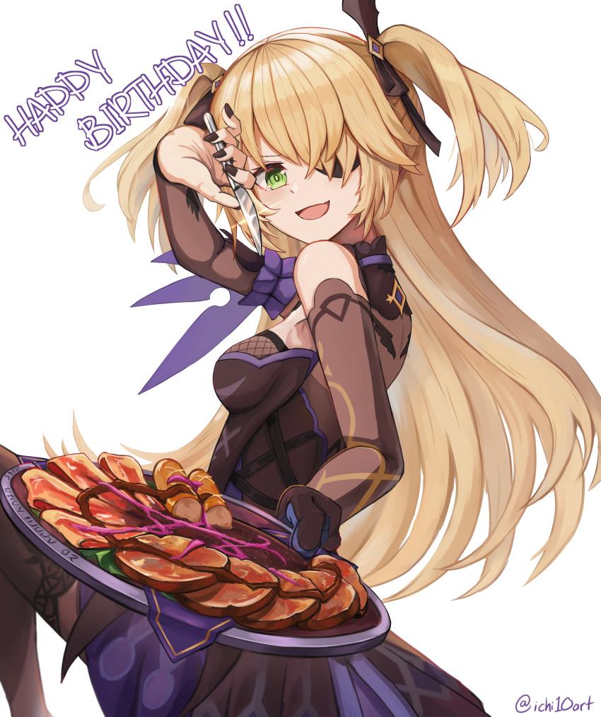 1girl absurdres bare_shoulders black_dress blonde_hair breasts dress fischl_(genshin_impact) fishnets food genshin_impact gloves green_eyes hair_ribbon happy_birthday highres holding holding_knife holding_plate ichi10art knife looking_at_viewer open_mouth plate ribbon simple_background smile solo twintails white_background