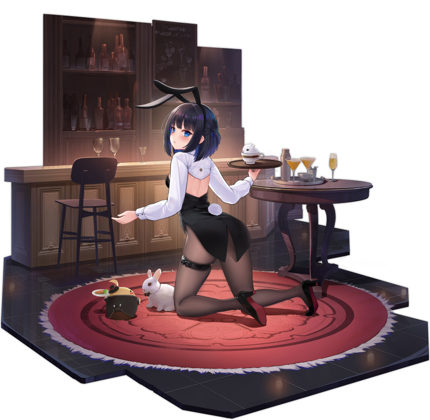 1girl acasta_(azur_lane) acasta_(monochromatic_marvel)_(azur_lane) alcohol allenes animal_ears azur_lane bar black_footwear blue_eyes bunny_tail carpet cocktail_glass cup drinking_glass fake_tail from_behind high_heels highres kneeling looking_at_viewer looking_back manjuu_(azur_lane) medium_hair official_alternate_costume official_art pantyhose rabbit rabbit_ears round_table shoes sleeve_cuffs solo tail thigh_strap transparent_background white_sleeves