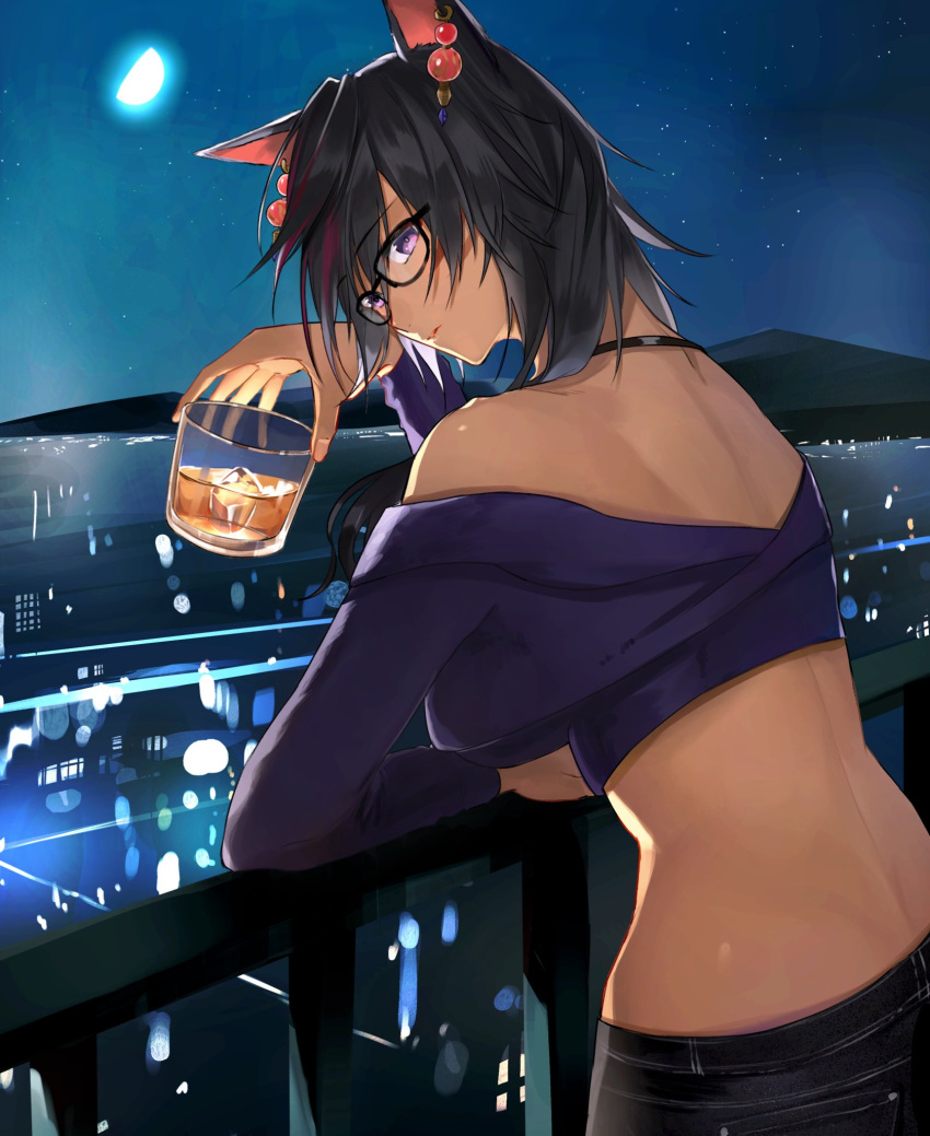 1girl alcohol animal_ears ass bare_shoulders black_hair breasts cat_ears cat_girl commission cup denim drinking_glass earrings fence glasses highres hoshi_rasuku jeans jewelry light looking looking_at_viewer moon moonlight mountain necklace night original pants skeb_commission solo stomach sweater violet_eyes wine wine_glass