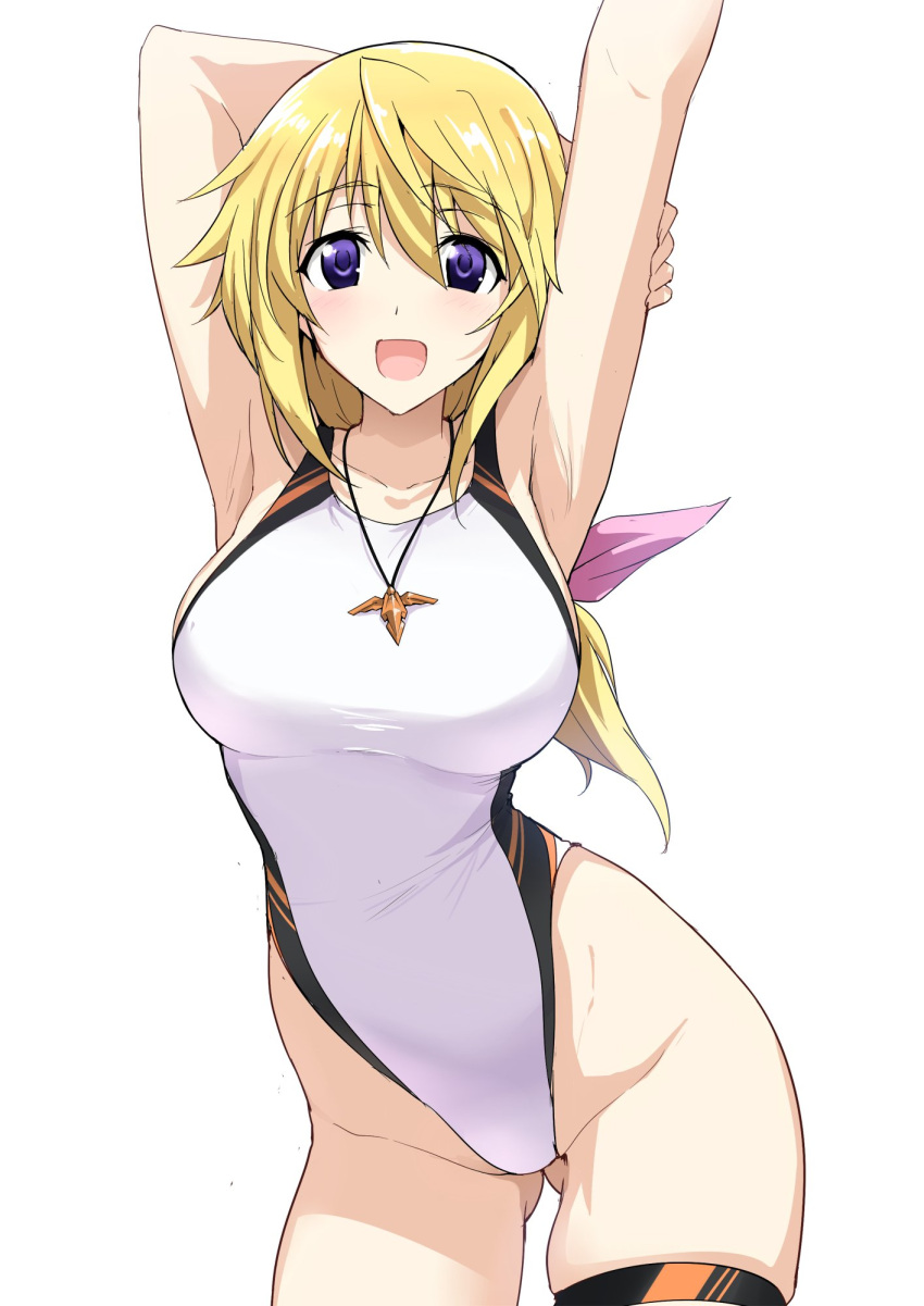 1girl arms_up blonde_hair blush breasts charlotte_dunois competition_swimsuit halcon highleg highleg_swimsuit highres infinite_stratos jewelry long_hair looking_at_viewer medium_breasts multicolored multicolored_clothes multicolored_swimsuit one-piece_swimsuit pendant shiny shiny_hair shiny_skin simple_background smile solo standing swimsuit two-tone_swimsuit violet_eyes white_background white_swimsuit