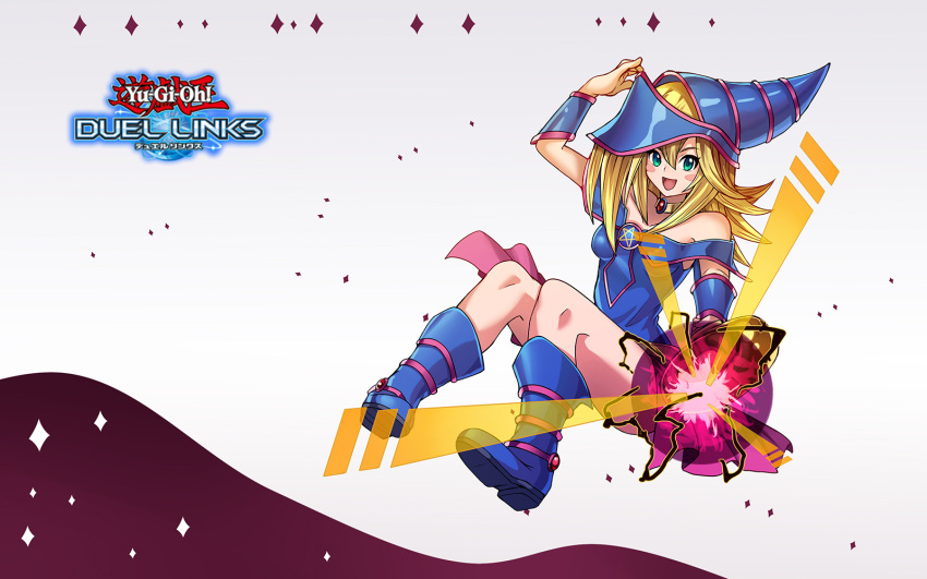 1girl blue_footwear blue_headwear blush_stickers boots copyright_name dark_magician_girl duel_monster green_eyes hat highres holding holding_wand looking_at_viewer magic open_mouth pentacle smile solo tamagokake_candy wand wide_shot wizard_hat yu-gi-oh! yu-gi-oh!_duel_links yu-gi-oh!_duel_monsters
