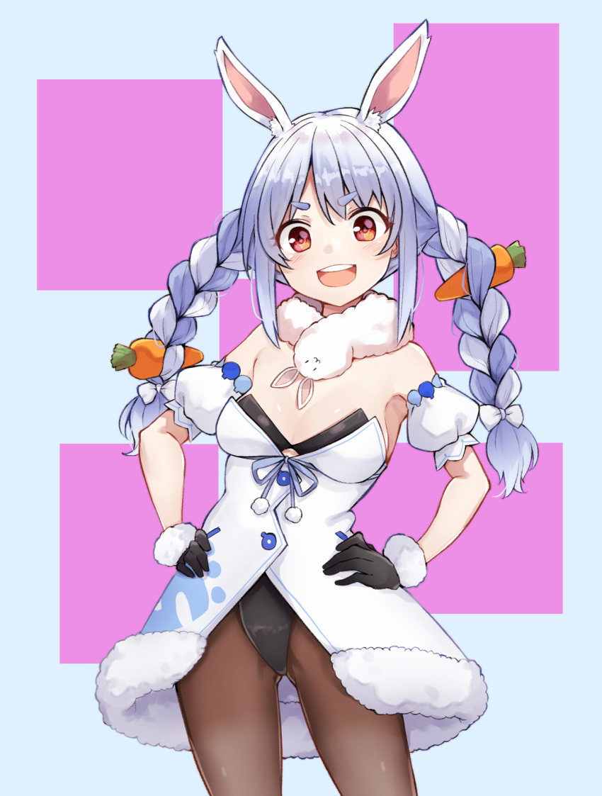 1girl :d animal_ear_fluff animal_ears arm_cuffs armpits ass_visible_through_thighs bangs bare_shoulders black_gloves black_legwear black_leotard blue_hair bow braid breasts carrot carrot_hair_ornament clothing_cutout coat commentary cowboy_shot detached_sleeves don-chan_(usada_pekora) food-themed_hair_ornament fur-trimmed_gloves fur_scarf fur_trim furrowed_brow gloves hair_bow hair_ornament hands_on_hips highres hikimayu hololive hololive_fantasy leotard leotard_under_clothes light_blush long_hair medium_breasts mm_(mm_chair) multicolored_hair open_mouth orange_eyes pantyhose pink_background puffy_short_sleeves puffy_sleeves rabbit_ears rabbit_girl short_eyebrows short_sleeves smile solo standing strapless strapless_coat strapless_leotard thick_eyebrows thigh_gap twin_braids two-tone_hair underboob_cutout upper_teeth usada_pekora virtual_youtuber white_background white_bow white_coat white_hair white_sleeves