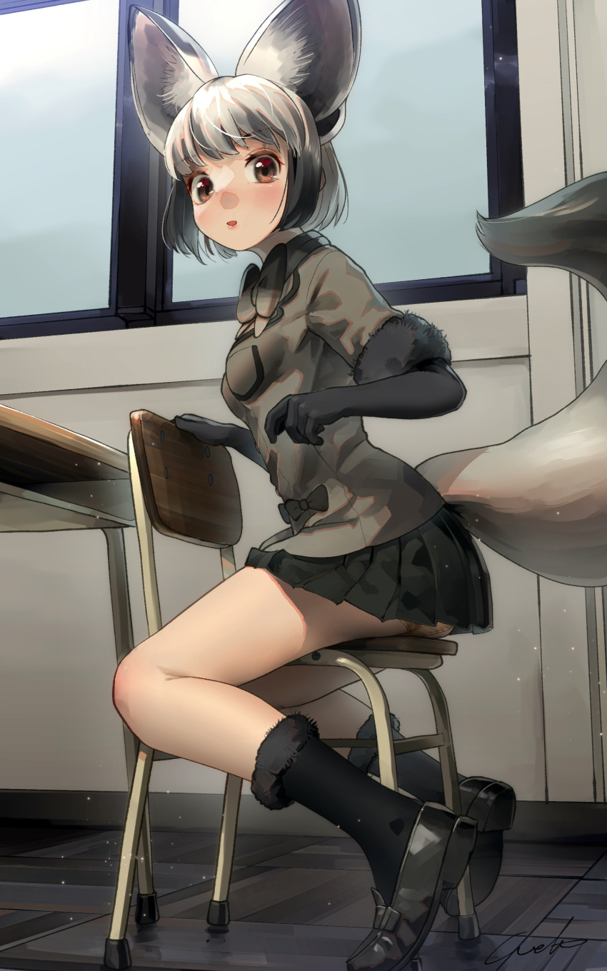 1girl absurdres animal_ears bat-eared_fox_(kemono_friends) black_footwear black_fur black_gloves black_hair black_legwear black_neckwear black_skirt blush bow bowtie brown_eyes brown_jacket chair desk elbow_gloves extra_ears eyebrows_visible_through_hair fox_ears fox_girl fox_tail from_below fur_trim gloves grey_hair highres jacket kemono_friends loafers looking_at_viewer multicolored_hair pleated_skirt school school_chair school_desk shoes short_hair sitting sitting_backwards skirt socks solo tail welt_(kinsei_koutenkyoku)