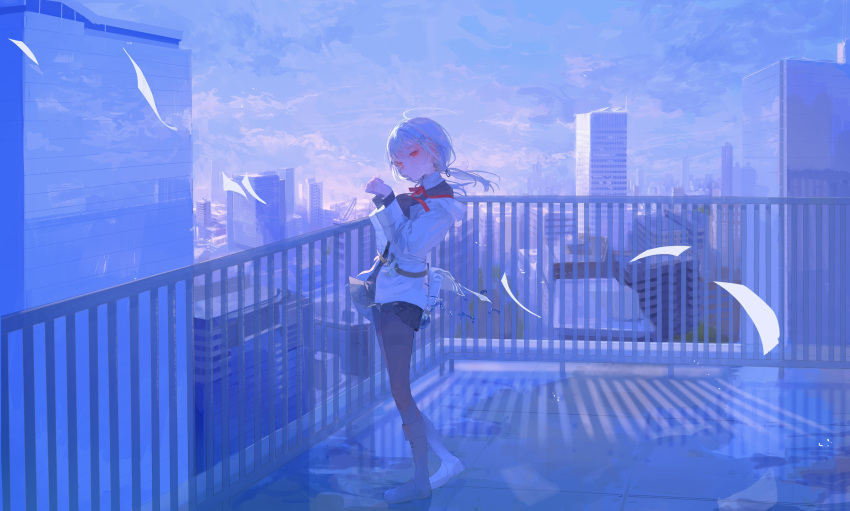 1girl absurdres black_cardigan blue_theme boots cardigan cityscape coat commentary flower full_body hair_ornament hairclip hakase_fuyuki highres jacket koume_5656 labcoat long_hair low_twintails neck_ribbon nijisanji open_clothes open_coat pantyhose railing red_eyes red_neckwear red_ribbon ribbon rooftop round-bottom_flask silver_hair skirt sky solo twintails virtual_youtuber white_jacket