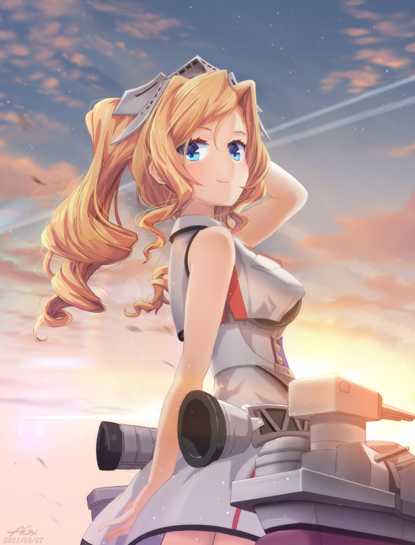 1girl alexzhang blonde_hair blue_eyes breasts closed_mouth cowboy_shot dated drill_hair headgear highres honolulu_(kancolle) kantai_collection large_breasts long_hair looking_at_viewer looking_back machinery rigging signature sleeveless smile solo turret twintails